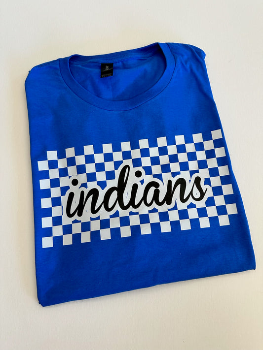 Blue Indians Checkered Script Spirit Tee