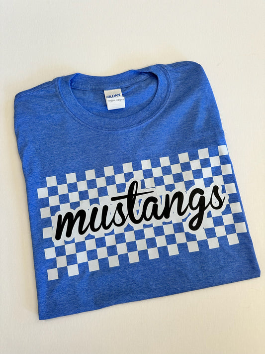 Blue Mustangs Checkered Script Spirit Tee
