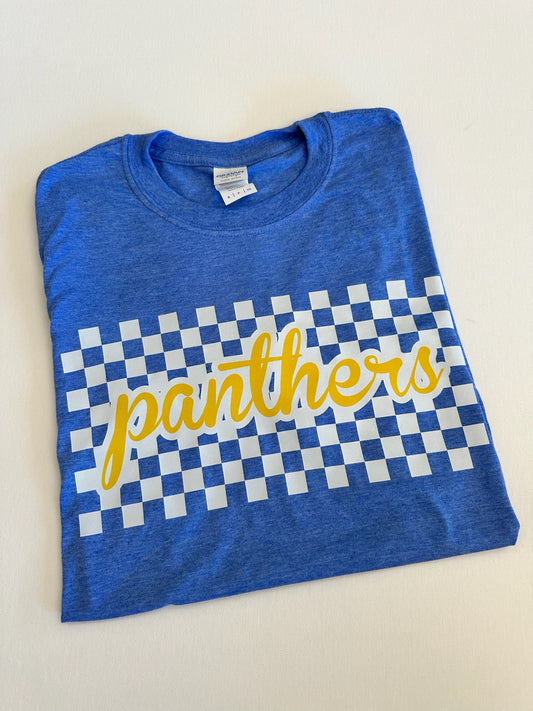 Gold/Blue Panthers Checkered Script Spirit Tee