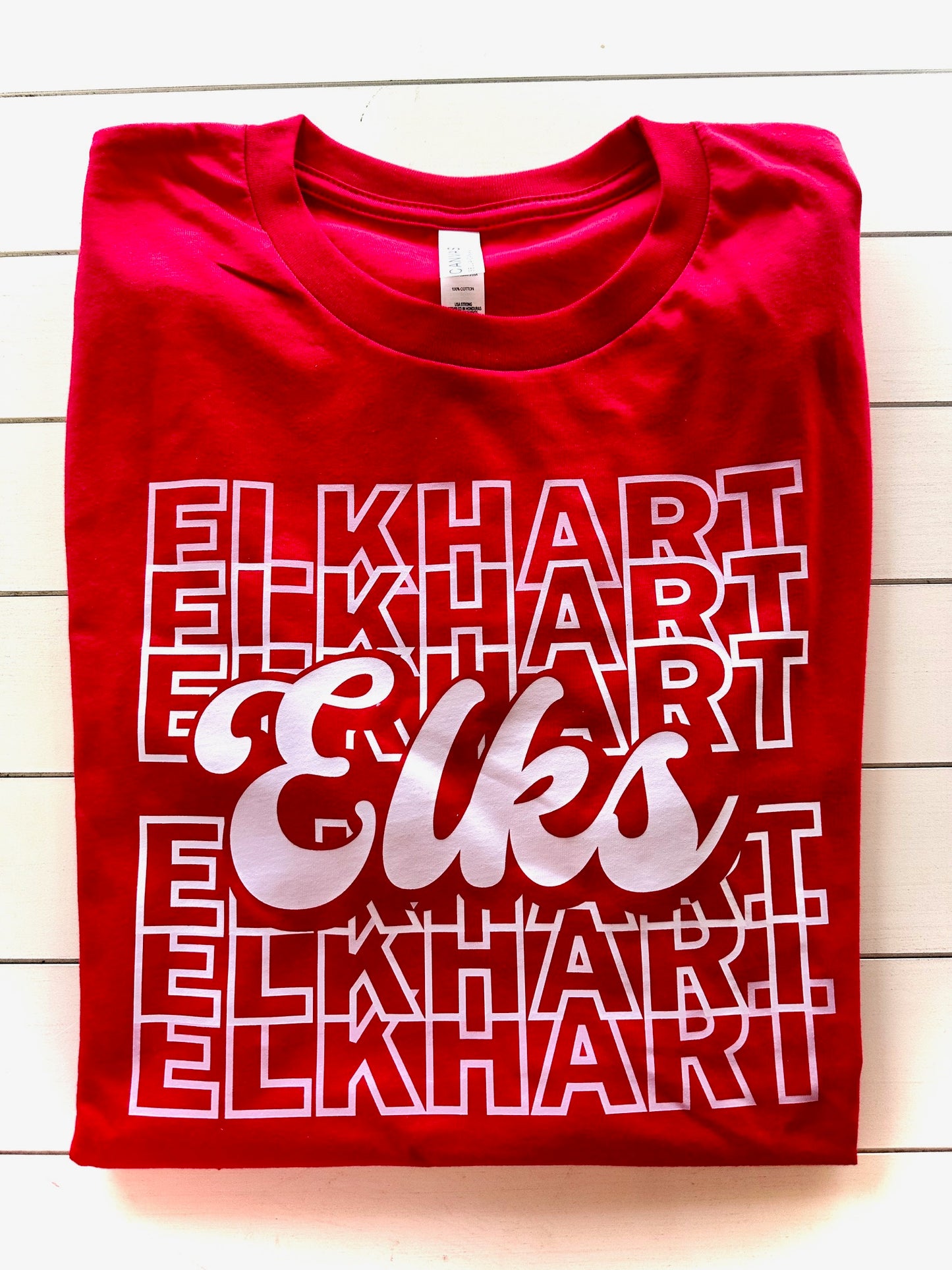 Elkhart Elks Retro Repeating Fade (white) Spirit Tee