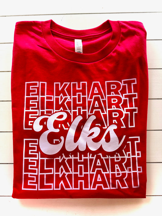 Elkhart Elks Retro Repeating Fade (white) Spirit Tee