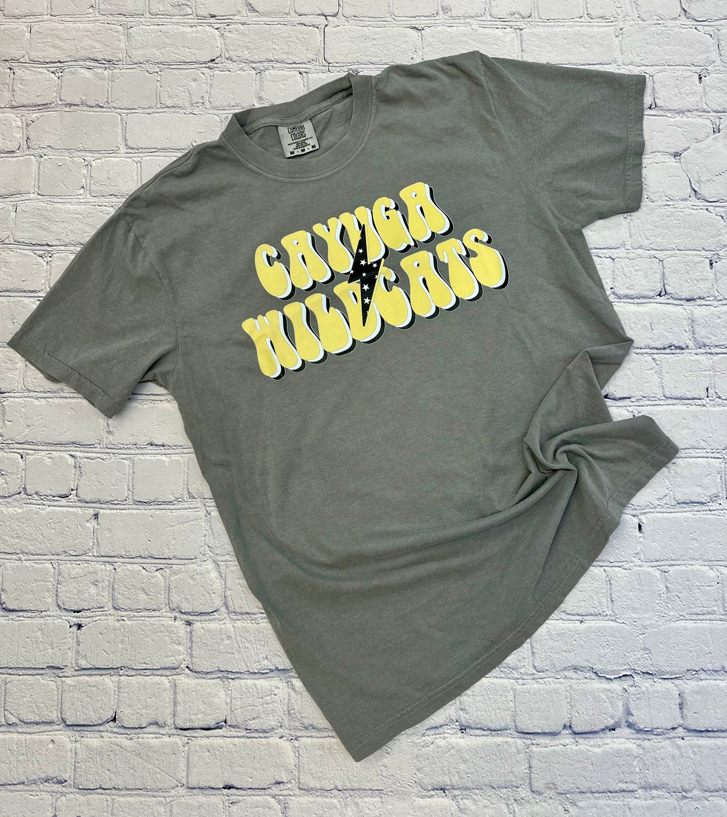 Cayuga Wildcats Retro Lightning Bolt Spirit Graphic Tee - Grey