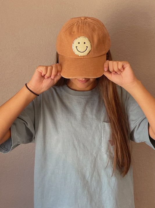 Terracotta Yellow Glitter Smiley Face Patch Unstructured Hat