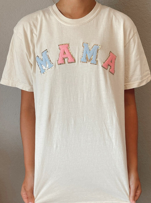 Pink and Blue Ivory Mama Glitter Patch Graphic Tee