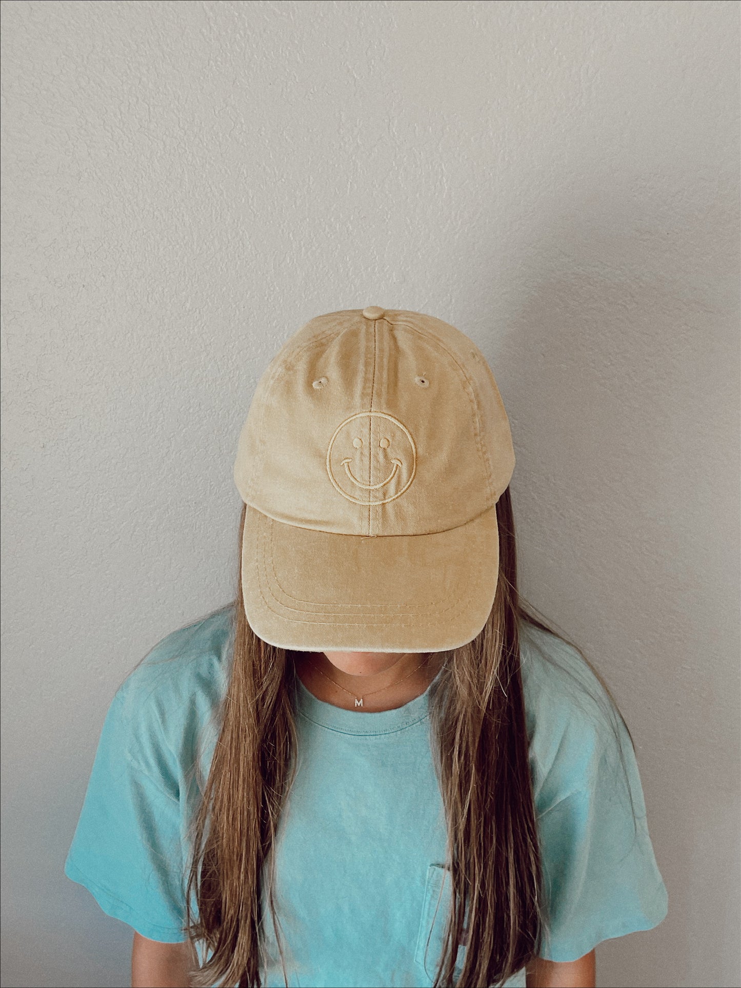 Mustard Embroidered Smiley Face Unstructured Hat