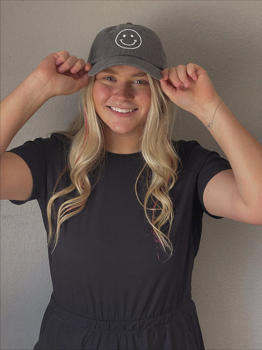 Charcoal Embroidered Smiley Face Unstructured Hat