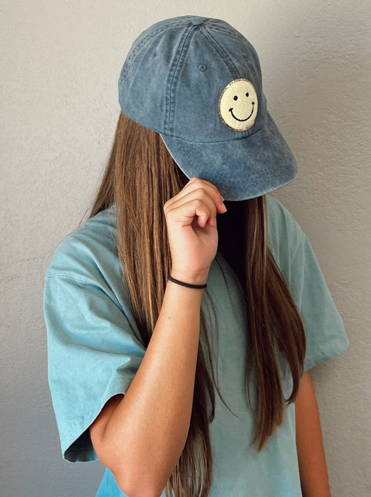 Midnight Yellow Glitter Smiley Face Patch Unstructured Hat