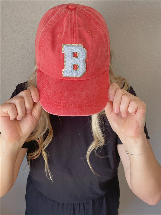 Personalized Red Light Blue Glitter Initial Letter Patch Unstructured Hat