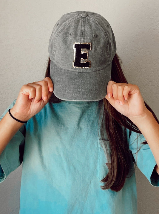 Personalized Charcoal Black Glitter Initial Letter Patch Unstructured Hat
