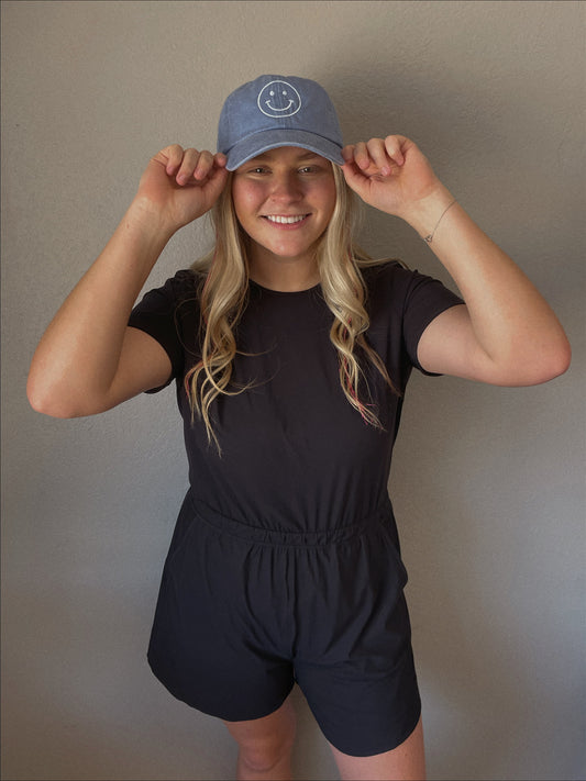 Baby Blue Embroidered Smiley Face Unstructured Hat