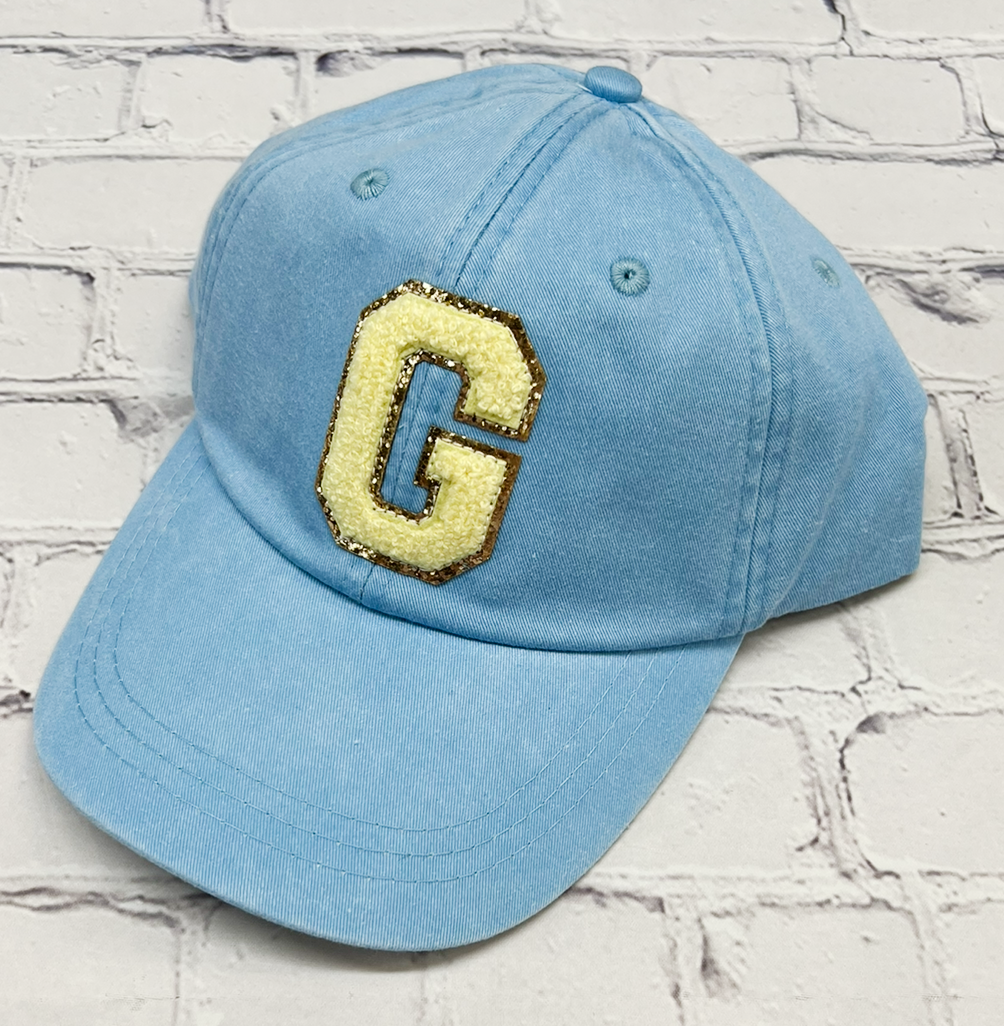 Personalized Baby Blue Yellow Glitter Initial Letter Patch Unstructured Hat