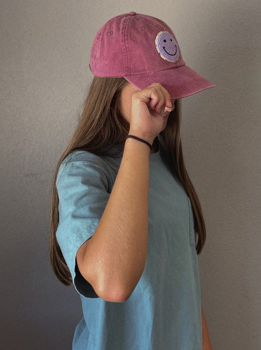 Maroon Purple Glitter Smiley Face Patch Unstructured Hat