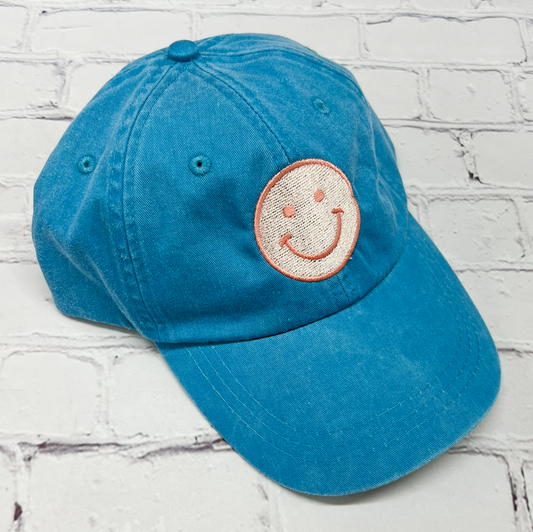 Caribbean Blue Embroidered Smiley Face Unstructured Hat