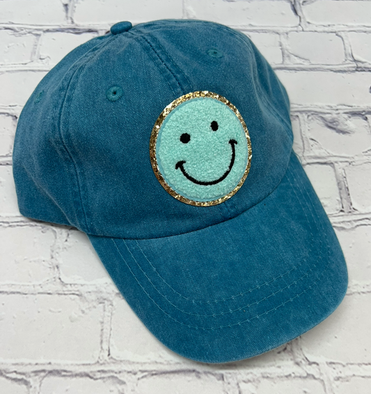 Caribbean Blue Mint Glitter Smiley Face Patch Unstructured Hat