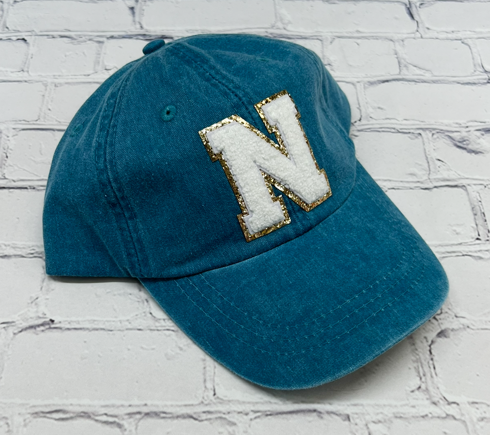 Personalized Caribbean Blue White Glitter Initial Letter Patch Unstructured Hat