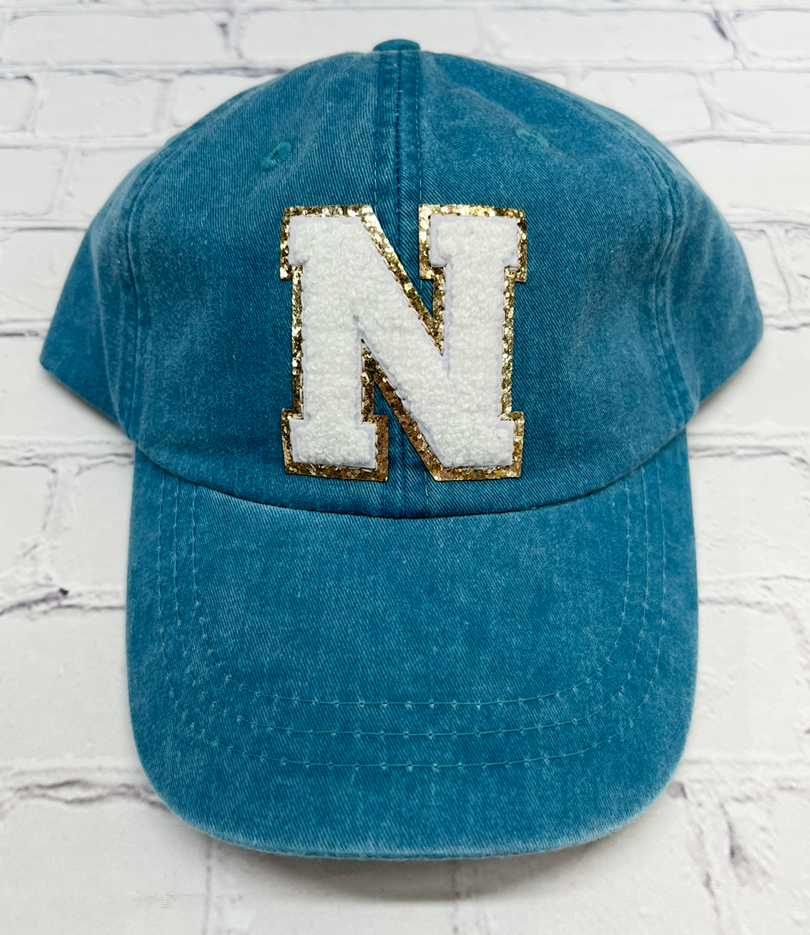 Personalized Caribbean Blue White Glitter Initial Letter Patch Unstructured Hat