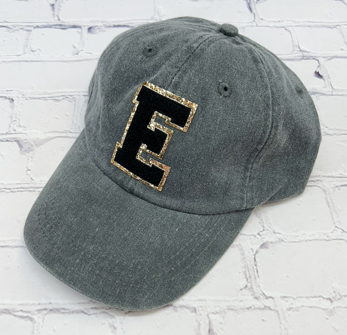 Personalized Charcoal Black Glitter Initial Letter Patch Unstructured Hat