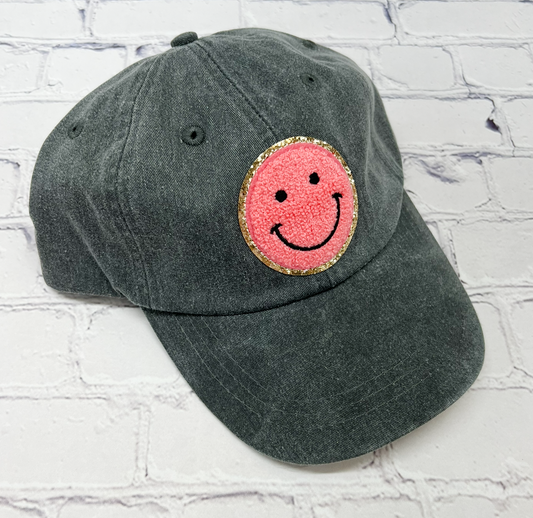 Charcoal Coral Glitter Smiley Face Patch Unstructured Hat