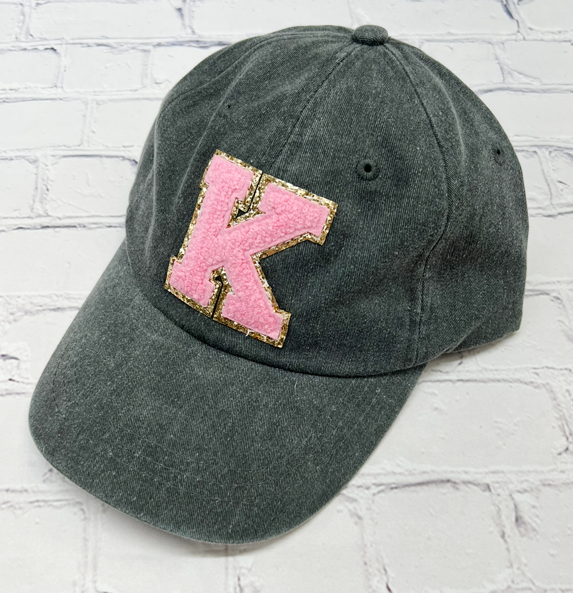 Personalized Charcoal Light Pink Glitter Initial Letter Patch Unstructured Hat