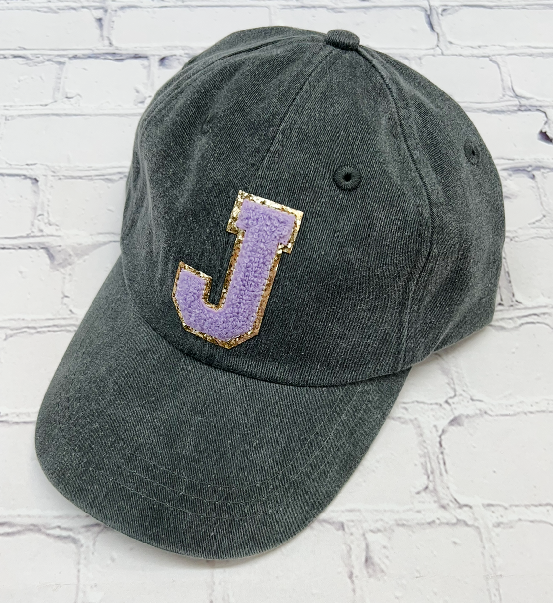Personalized Charcoal Light Purple Glitter Initial Letter Patch Unstructured Hat