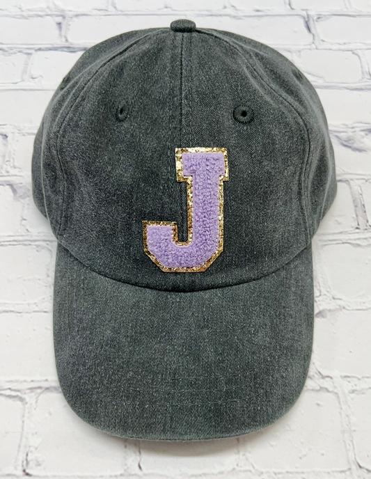 Personalized Charcoal Light Purple Glitter Initial Letter Patch Unstructured Hat