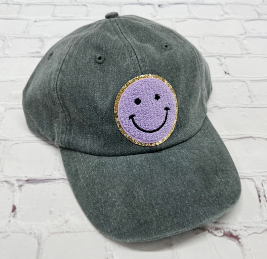 Charcoal Purple Glitter Smiley Face Patch Unstructured Hat
