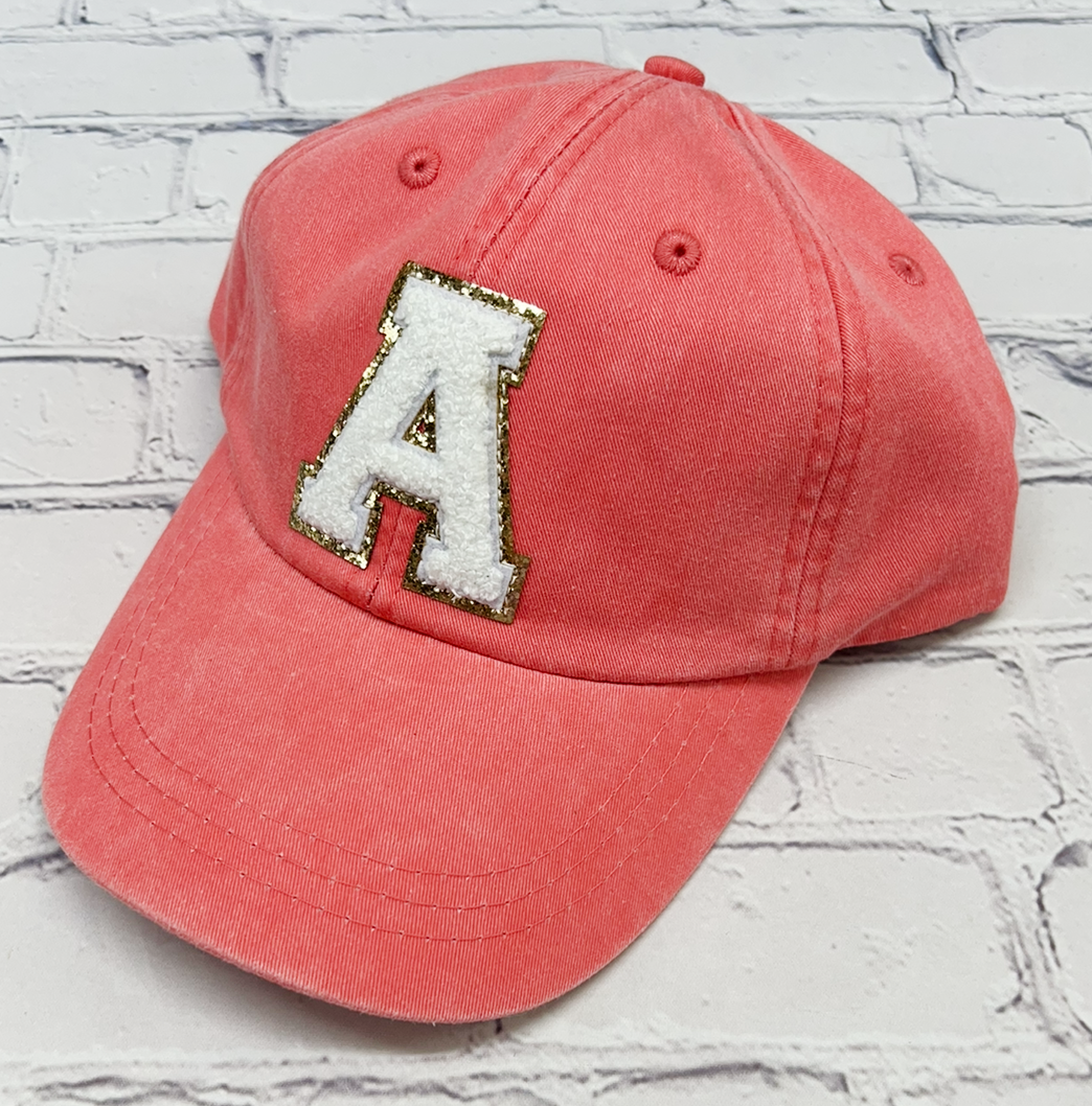 Personalized Coral White Glitter Initial Letter Patch Unstructured Hat
