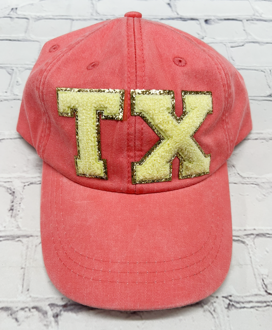 Coral TX Glitter Letter Patch Unstructured Hat