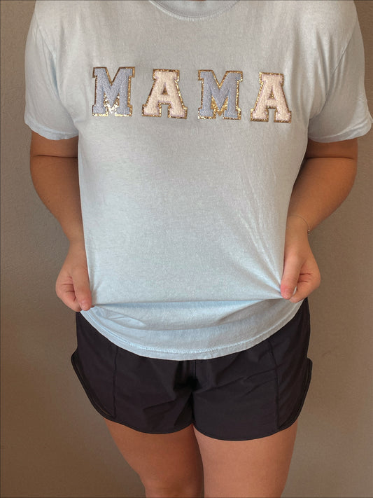 Light Blue Mama Glitter Patch Graphic Tee