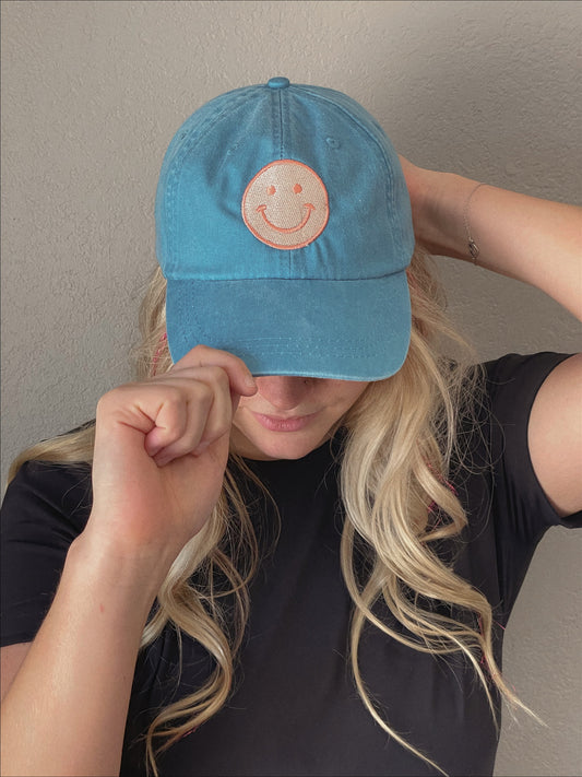 Caribbean Blue Embroidered Smiley Face Unstructured Hat
