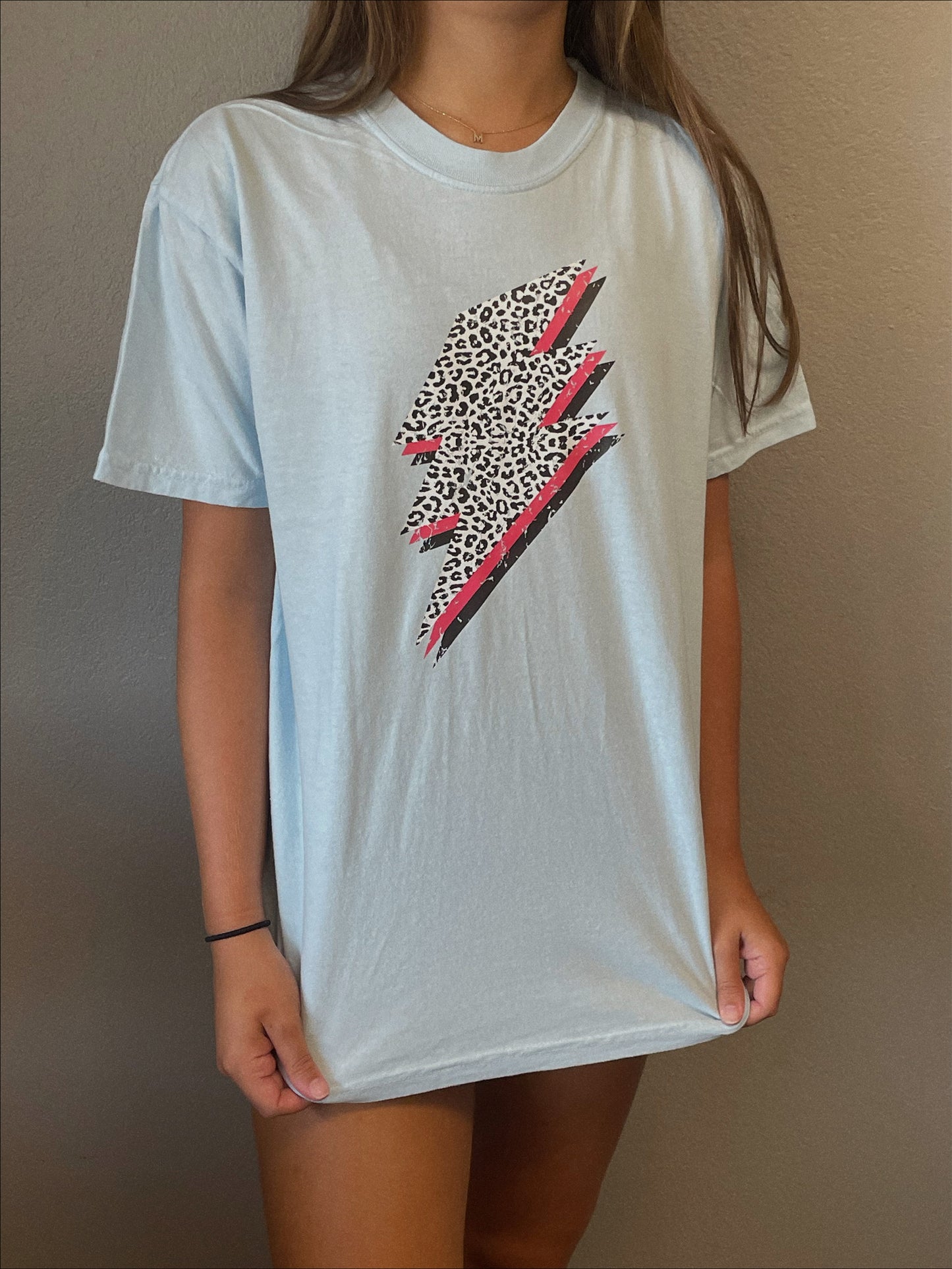 Light Blue Leopard Lightning Bolt Graphic Tee