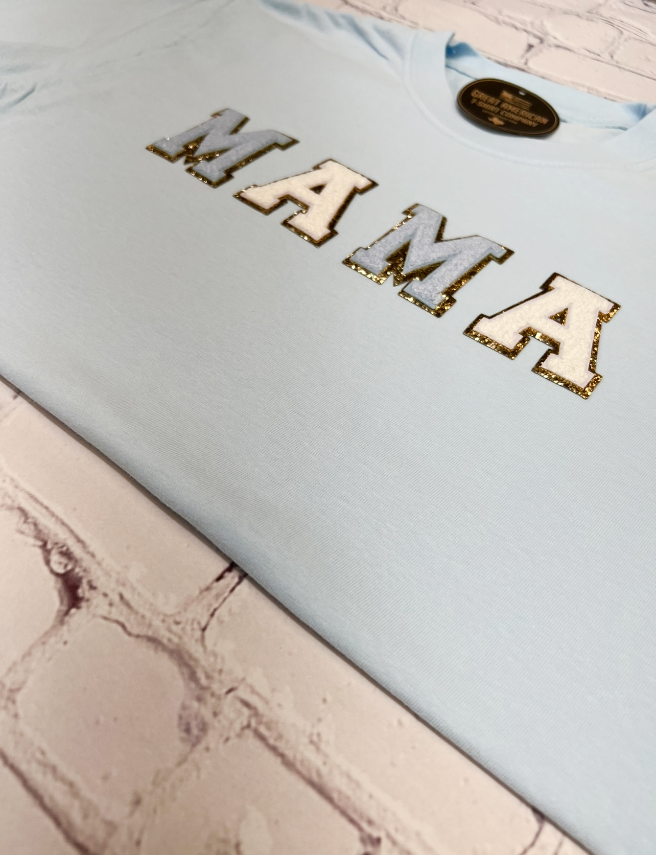 Light Blue Mama Glitter Patch Graphic Tee