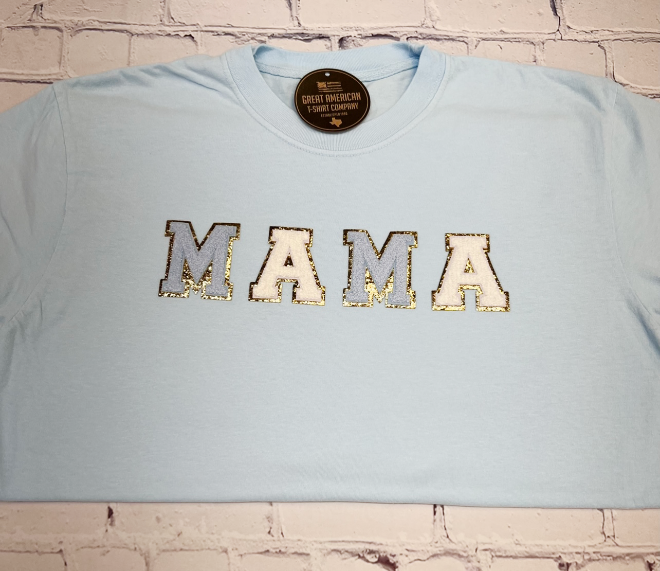Light Blue Mama Glitter Patch Graphic Tee