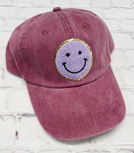 Maroon Purple Glitter Smiley Face Patch Unstructured Hat