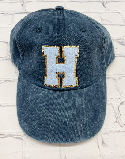 Personalized Midnight Light Blue Glitter Initial Letter Patch Unstructured Hat