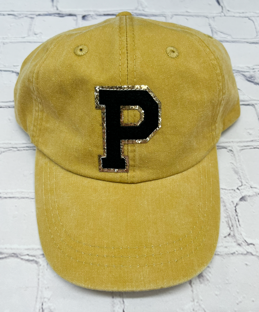 Personalized Mustard Black Glitter Initial Letter Patch Unstructured Hat