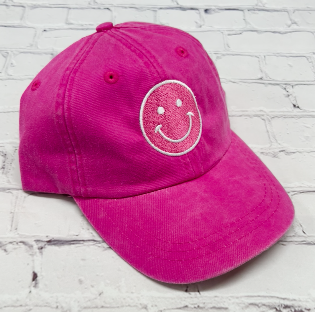 Neon Pink Embroidered Smiley Face Unstructured Hat