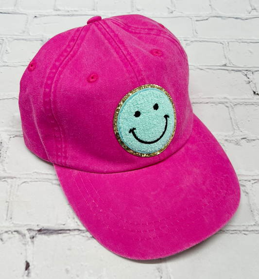 Neon Pink Mint Glitter Smiley Face Patch Unstructured Hat