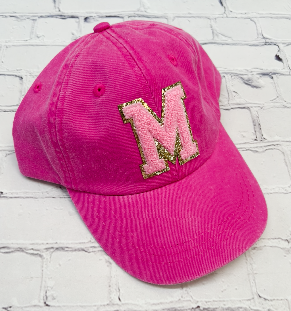 Personalized Neon Pink Light Pink Glitter Initial Letter Patch Unstructured Hat