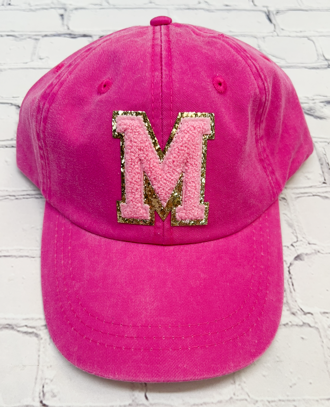 Personalized Neon Pink Light Pink Glitter Initial Letter Patch Unstructured Hat