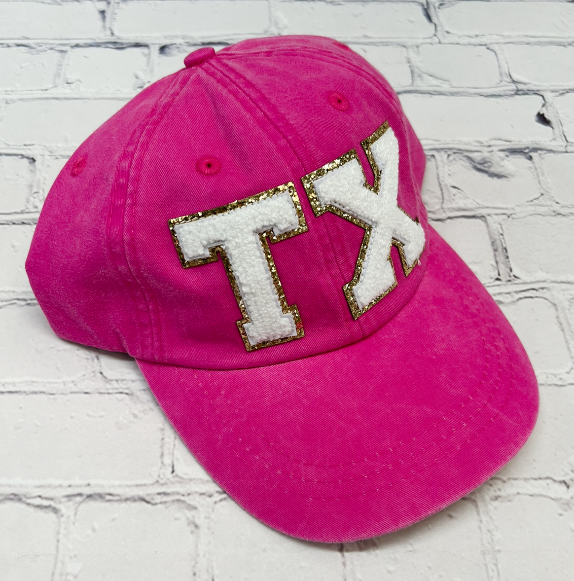 Neon Pink TX Glitter Letter Patch Unstructured Hat