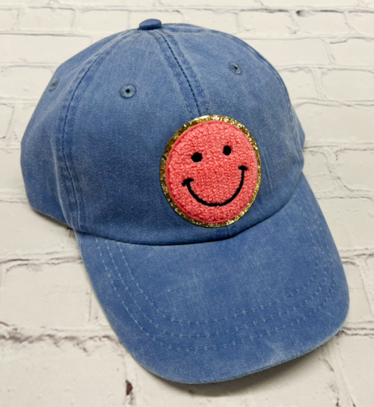 Periwinkle Coral Glitter Smiley Face Patch Unstructured Hat