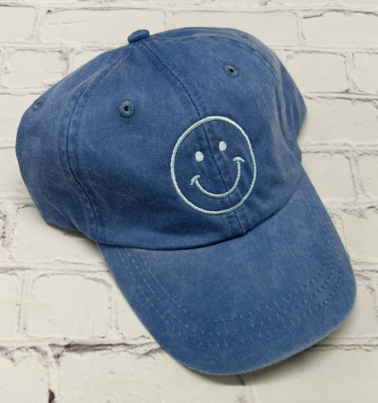 Baby Blue Embroidered Smiley Face Unstructured Hat
