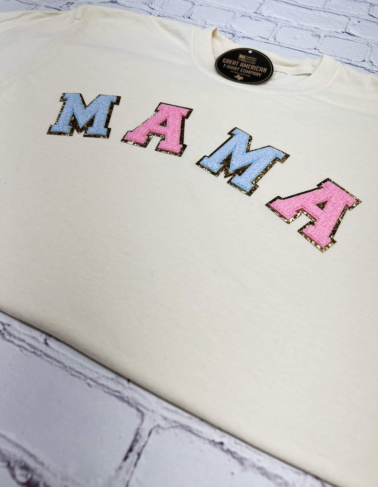 Pink and Blue Ivory Mama Glitter Patch Graphic Tee