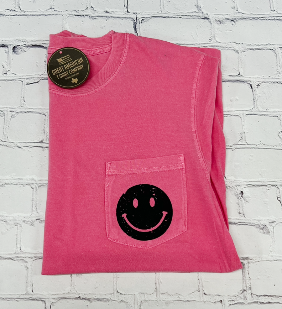 Hot Pink Pocket Smiley Face Graphic Tee