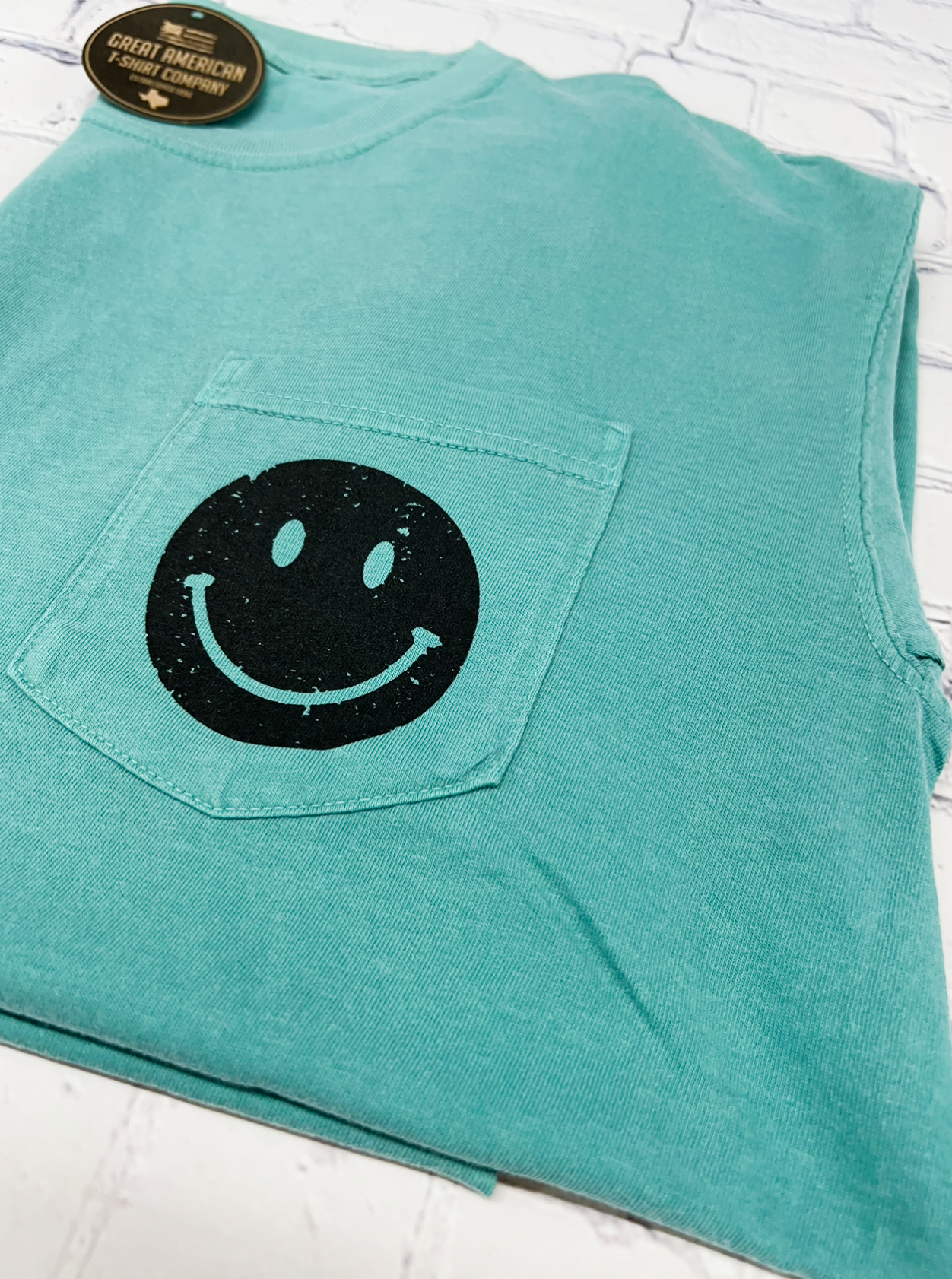 Seafoam Pocket Smiley Face Graphic Tee