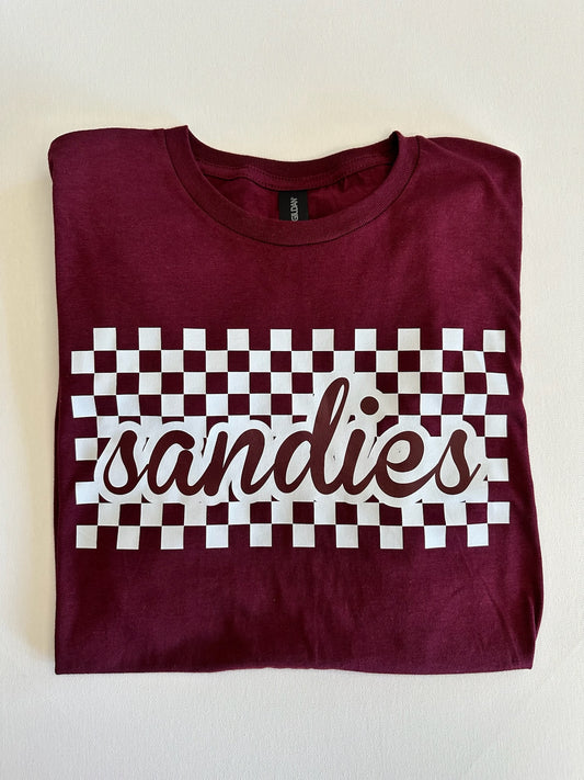 Maroon Sandies Checkered Script Spirit Tee