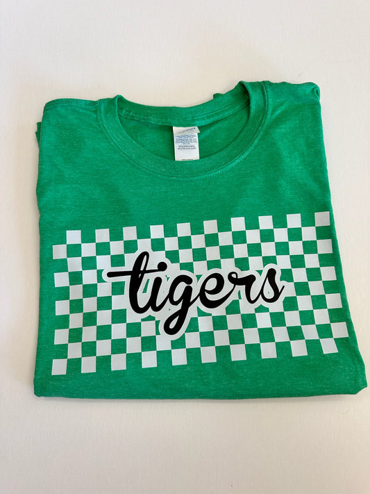 Green Tigers Checkered Script Spirit Tee