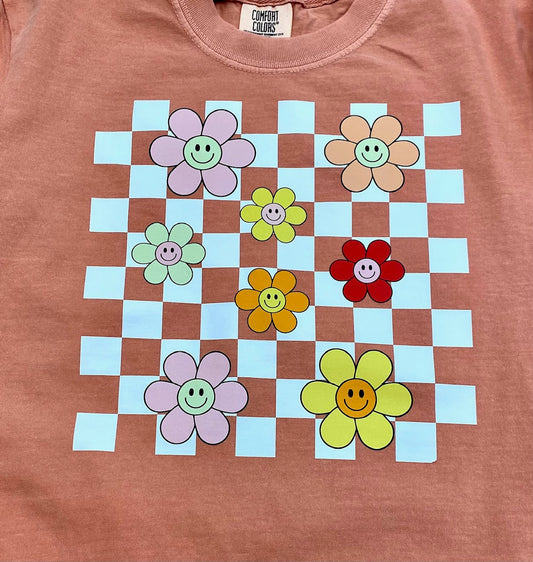 Checkered Smiling Flower Graphic Tee