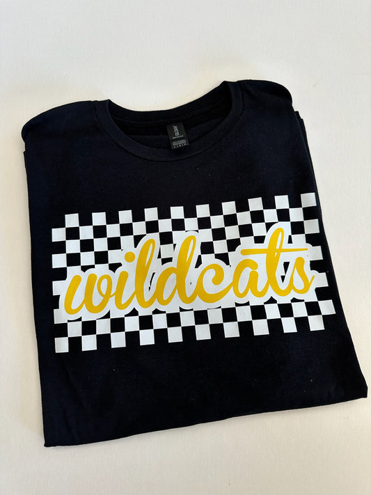 Yellow Gold Wildcats Checkered Script Spirit Tee